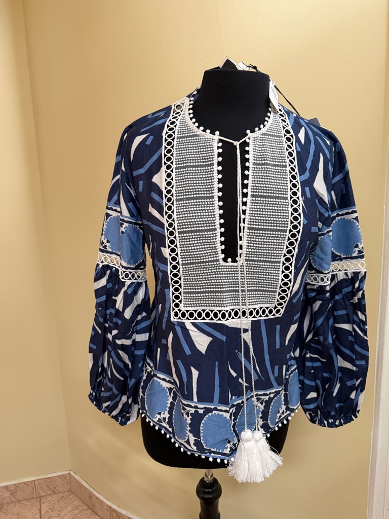 Nwt Alexis Navy Blue Embroidered Peasant Blouse With Tassel Detail M